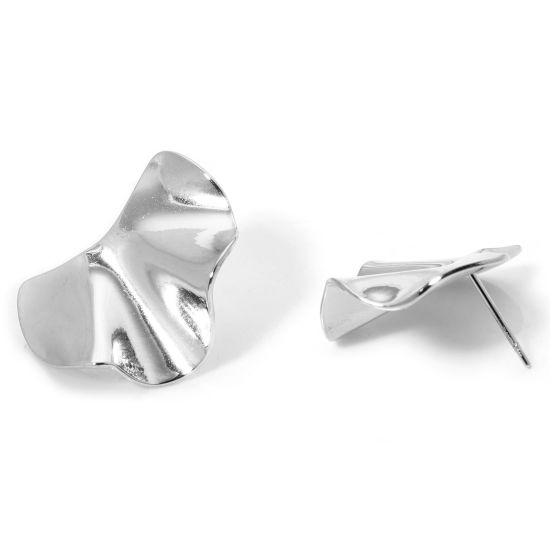 Picture of 1 Pair 304 Stainless Steel Ear Post Stud Earrings Silver Tone Half Round With Stoppers 24.5mm x 19mm, Post/ Wire Size: (21 gauge)