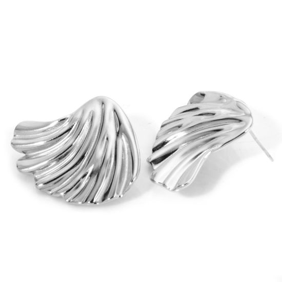 Picture of 1 Pair 304 Stainless Steel Ear Post Stud Earrings Silver Tone Fan-shaped With Stoppers 31mm x 24mm, Post/ Wire Size: (21 gauge)