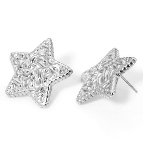 Picture of 1 Pair 304 Stainless Steel Ear Post Stud Earrings Silver Tone Pentagram Star With Stoppers 22mm x 21mm, Post/ Wire Size: (21 gauge)