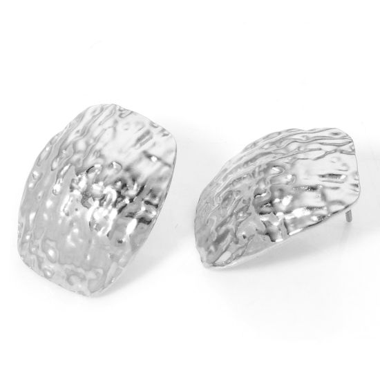 Picture of 1 Pair 304 Stainless Steel Ear Post Stud Earrings Silver Tone Quadrilateral With Stoppers 20mm x 15mm, Post/ Wire Size: (21 gauge)