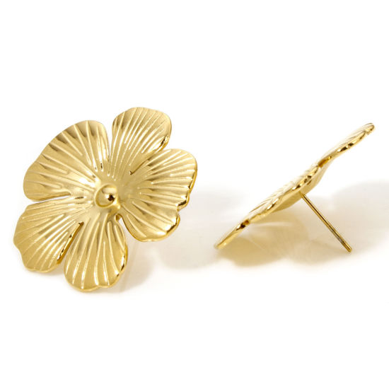 Immagine di 1 Paio Placcatura Sottovuoto 304 Acciaio Inossidabile Orecchini a Perno Placcato Oro 18K Fiore Con Tappi 30mm x 28mm, Posta / Filo Dimensione: (21 misura)