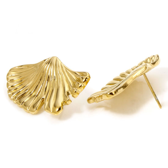 Immagine di 1 Paio Placcatura Sottovuoto 304 Acciaio Inossidabile Orecchini a Perno Placcato Oro 18K Foglia di Gingko Con Tappi 29mm x 17mm, Posta / Filo Dimensione: (21 misura)