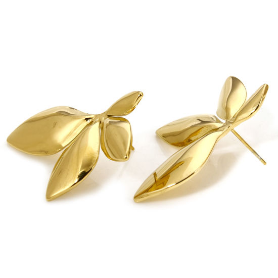 Immagine di 1 Paio Placcatura Sottovuoto 304 Acciaio Inossidabile Orecchini a Perno Placcato Oro 18K Foglia Con Tappi 34mm x 23mm, Posta / Filo Dimensione: (21 misura)