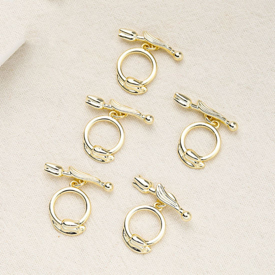 Picture of 1 Piece Eco-friendly Brass Toggle Clasps Tulip Flower 14K Gold Plated 21.5mm