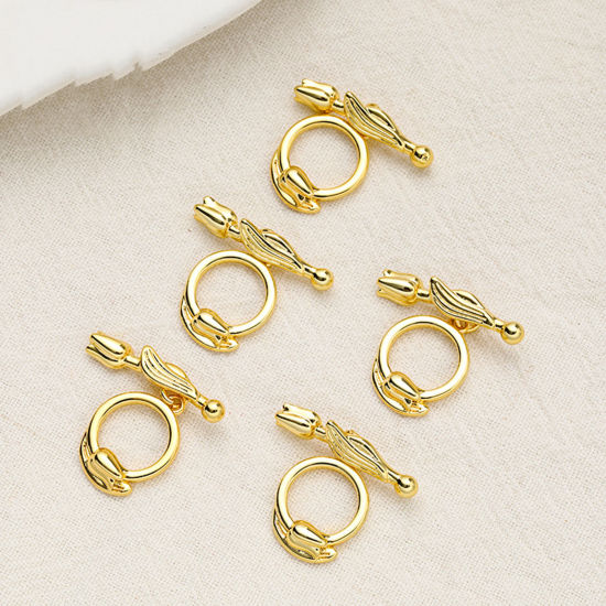 Picture of 1 Piece Eco-friendly Brass Toggle Clasps Tulip Flower 18K Gold Plated 21.5mm