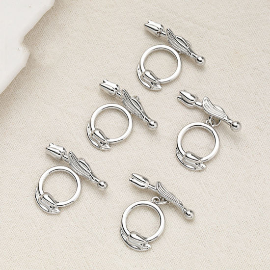 Picture of 1 Piece Eco-friendly Brass Toggle Clasps Tulip Flower Platinum Plated 21.5mm