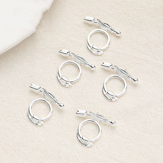 Picture of 1 Piece Eco-friendly Brass Toggle Clasps Tulip Flower Silver Plated 21.5mm