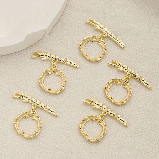 Picture of 1 Piece Eco-friendly Brass Toggle Clasps Feather Circle Ring 14K Gold Plated 29mm