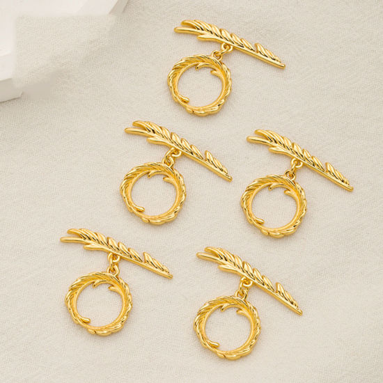 Picture of 1 Piece Eco-friendly Brass Toggle Clasps Feather Circle Ring 18K Gold Plated 29mm