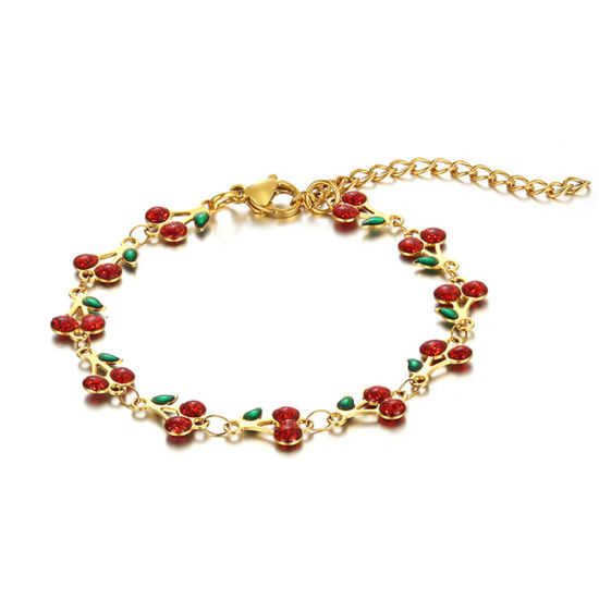 Picture of 1 Piece Vacuum Plating 304 Stainless Steel Boho Chic Bohemia Handmade Link Chain Bracelets 14K Gold Plated Red Cherry Fruit Enamel 16cm(6 2/8") long