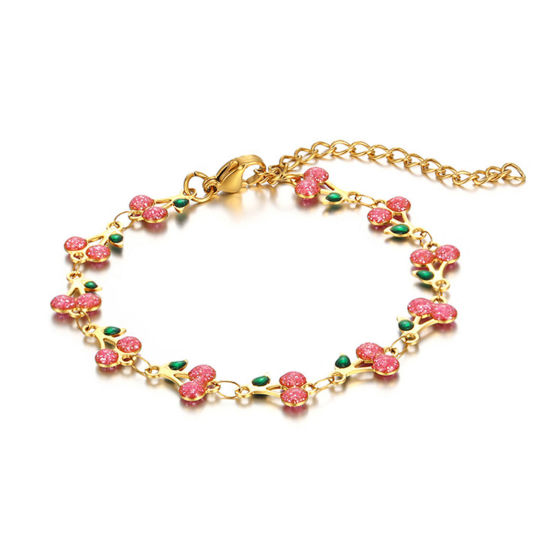 Picture of 1 Piece Vacuum Plating 304 Stainless Steel Boho Chic Bohemia Handmade Link Chain Bracelets 14K Gold Plated Pink Cherry Fruit Enamel 16cm(6 2/8") long