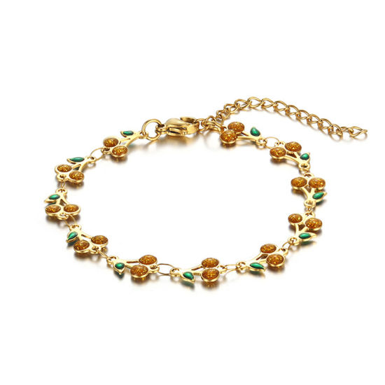 Picture of 1 Piece Vacuum Plating 304 Stainless Steel Boho Chic Bohemia Handmade Link Chain Bracelets 14K Gold Plated Yellow Cherry Fruit Enamel 16cm(6 2/8") long
