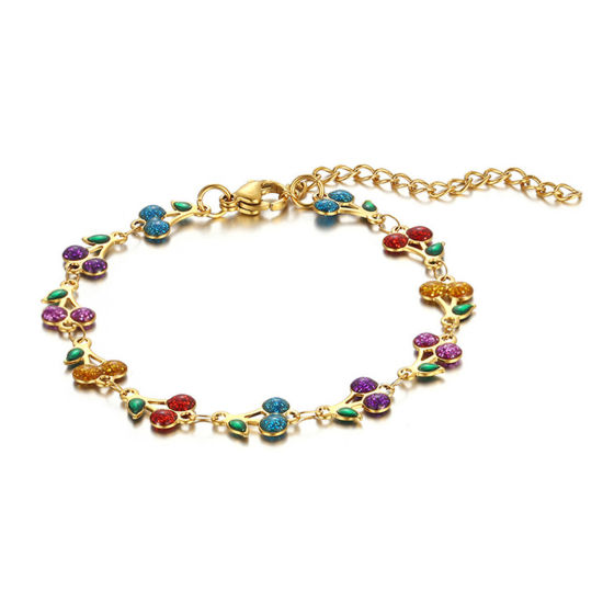 Picture of 1 Piece Vacuum Plating 304 Stainless Steel Boho Chic Bohemia Handmade Link Chain Bracelets 14K Gold Plated Multicolor Cherry Fruit Enamel 16cm(6 2/8") long