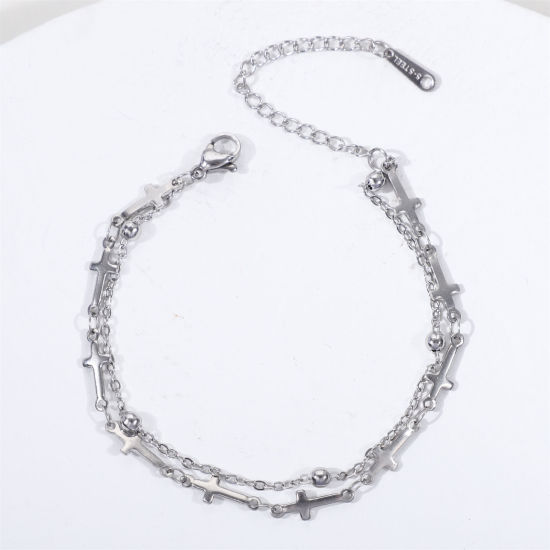 Imagen de 1 Unidad Respetuoso del Medio Ambiente 304 Acero Inoxidable Estilo Ins Cadenas Bola Pulsera de Capas Multicapa Tono de Plata Cruz 17cm longitud