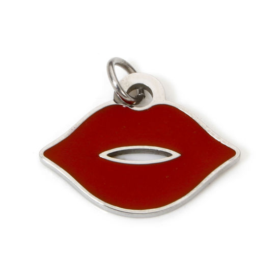 Picture of 1 Piece 304 Stainless Steel Charms Silver Tone Red Lip Enamel 18.5mm x 17mm