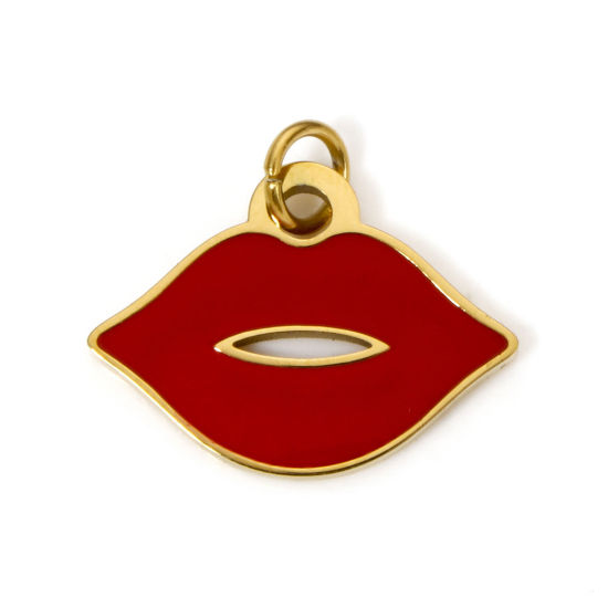 Image de 1 Pièce Breloques en 304 Acier Inoxydable Lèvres Plaqué Or 18K Rouge Émail 18.5mm x 17mm