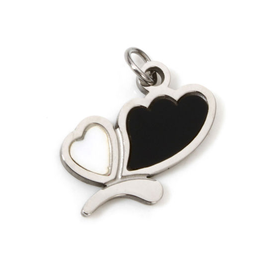 Picture of 1 Piece 304 Stainless Steel Charms Silver Tone Black Heart Enamel 18mm x 10mm