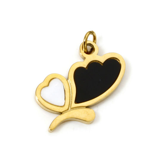 Picture of 1 Piece 304 Stainless Steel Charms 18K Gold Plated Black Heart Enamel 18mm x 10mm