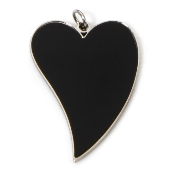 Picture of 1 Piece 304 Stainless Steel Charms Silver Tone Black Heart Enamel 28mm x 18mm