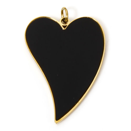 Picture of 1 Piece 304 Stainless Steel Charms 18K Gold Plated Black Heart Enamel 28mm x 18mm