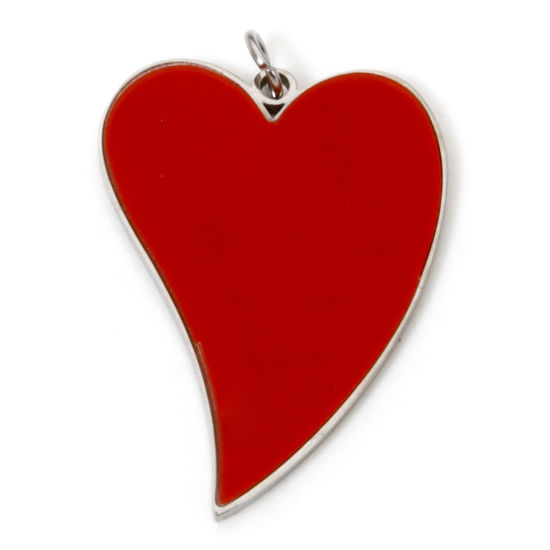 Picture of 1 Piece 304 Stainless Steel Charms Silver Tone Red Heart Enamel 28mm x 18mm