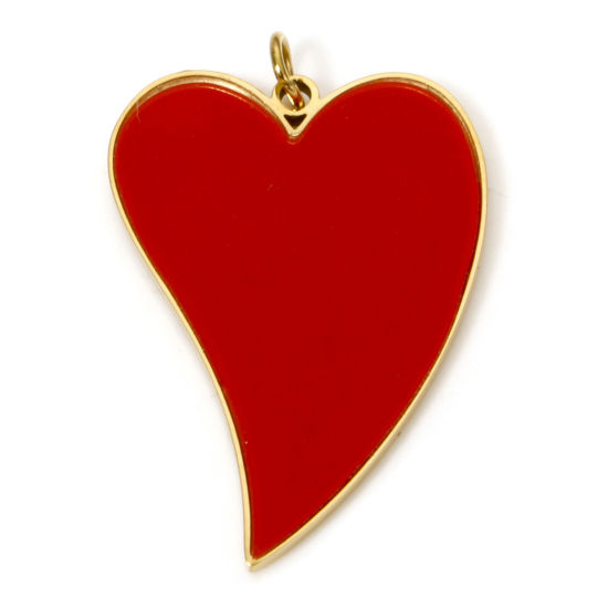 Picture of 1 Piece 304 Stainless Steel Charms 18K Gold Plated Red Heart Enamel 28mm x 18mm