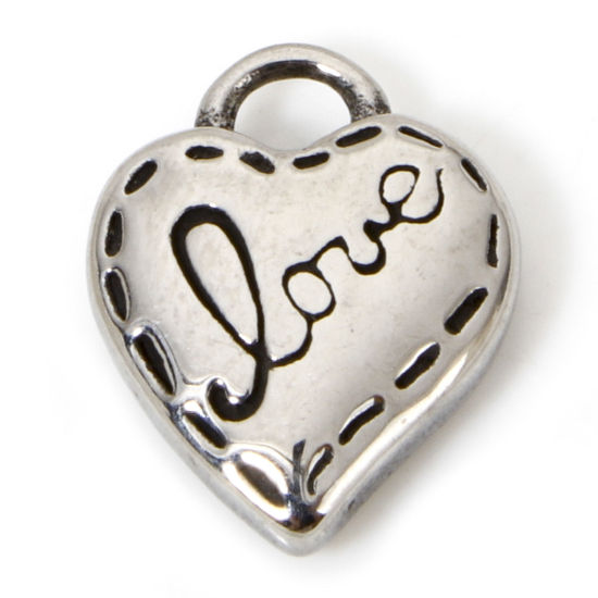 Picture of 2 PCs 304 Stainless Steel Charms Antique Silver Color Heart 13.5mm x 11mm