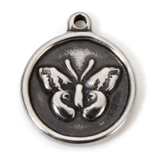 Picture of 2 PCs 304 Stainless Steel Disc Charms Antique Silver Color Round Butterfly 18mm x 15mm