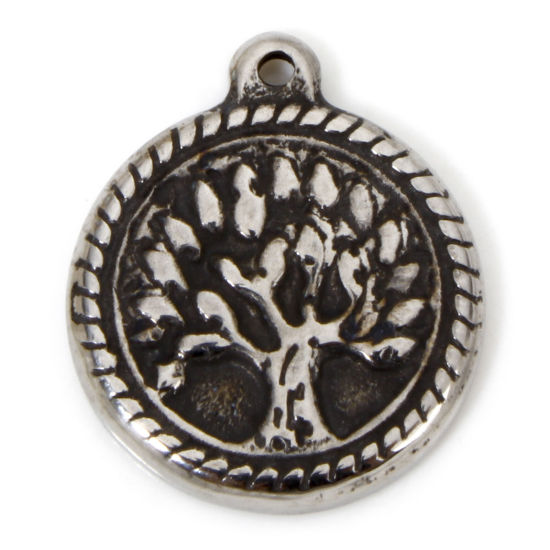 Picture of 2 PCs 304 Stainless Steel Disc Charms Antique Silver Color Round Tree of Life 19mm x 16mm