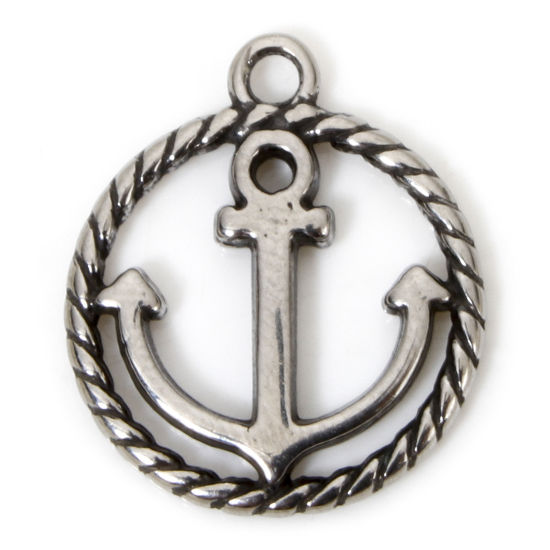 Picture of 2 PCs 304 Stainless Steel Charms Antique Silver Color Round Anchor 17mm x 15mm