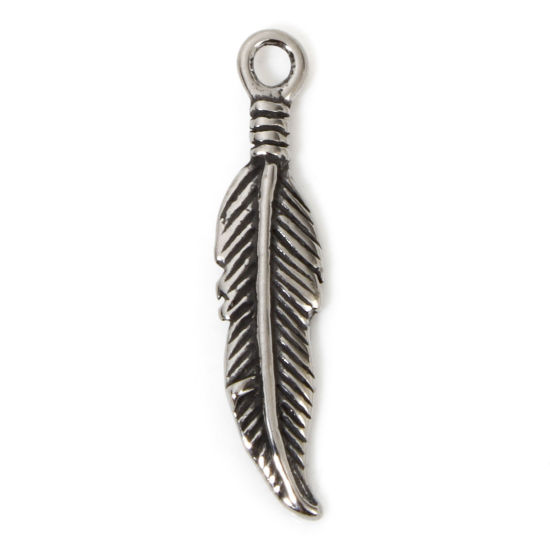 Picture of 2 PCs 304 Stainless Steel Charms Antique Silver Color Feather 25mm x 6mm