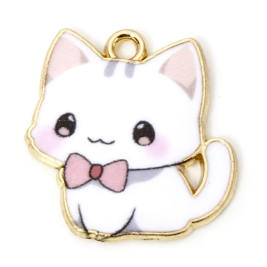 Picture of 10 PCs Zinc Based Alloy Charms Gold Plated White Cat Animal Enamel 21mm x 20mm