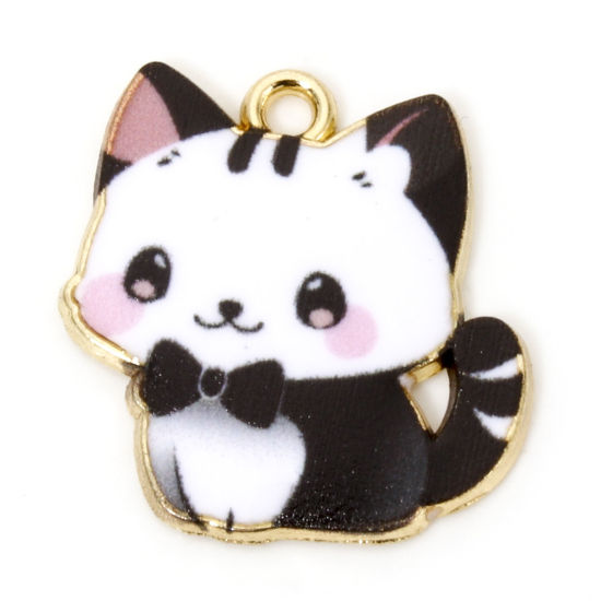 Picture of 10 PCs Zinc Based Alloy Charms Gold Plated Black & White Cat Animal Enamel 21mm x 20mm