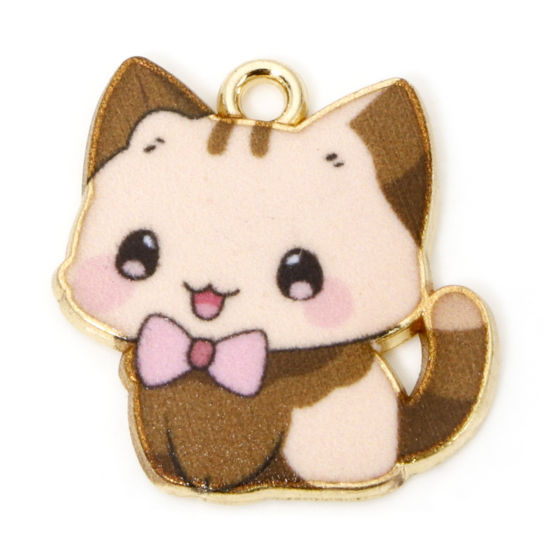 Picture of 10 PCs Zinc Based Alloy Charms Gold Plated Brown Cat Animal Enamel 21mm x 20mm