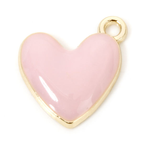 Picture of 20 PCs Zinc Based Alloy Valentine's Day Charms Gold Plated Pink Heart Enamel 16mm x 15mm