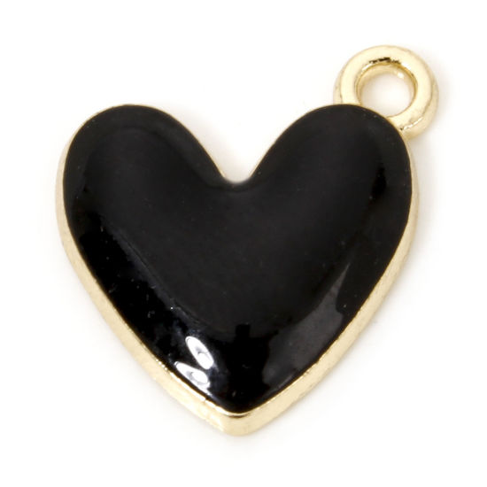 Picture of 20 PCs Zinc Based Alloy Valentine's Day Charms Gold Plated Black Heart Enamel 16mm x 15mm