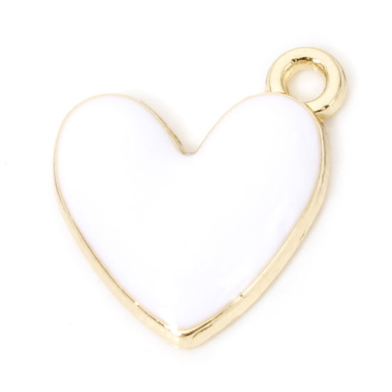 Picture of 20 PCs Zinc Based Alloy Valentine's Day Charms Gold Plated White Heart Enamel 16mm x 15mm