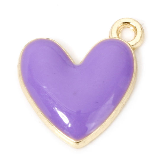 Picture of 20 PCs Zinc Based Alloy Valentine's Day Charms Gold Plated Purple Heart Enamel 16mm x 15mm