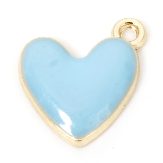 Picture of 20 PCs Zinc Based Alloy Valentine's Day Charms Gold Plated Blue Heart Enamel 16mm x 15mm