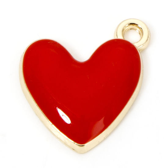 Picture of 20 PCs Zinc Based Alloy Valentine's Day Charms Gold Plated Red Heart Enamel 16mm x 15mm