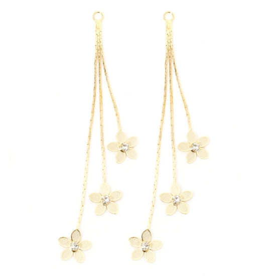 Image de 2 Pcs Pendentifs en Laiton Franges Pompons Glands Plaqué Or 18K Fleurs à Strass Transparent 8cm