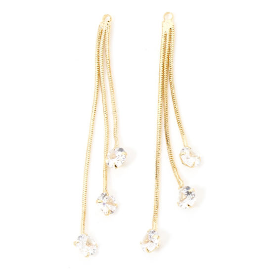 Image de 2 Pcs Pendentifs en Laiton Franges Pompons Glands Plaqué Or 18K à Strass Transparent 5.8cm