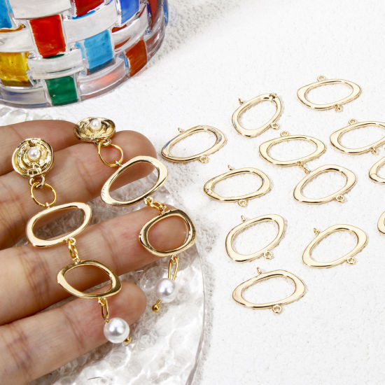 Bild von 5 Stück Messing Geometrisch Steckverbinder Charms Anhänger Unregelmäßig Oval 18K Gold Plattiert Hohl 18mm x 15.5mm