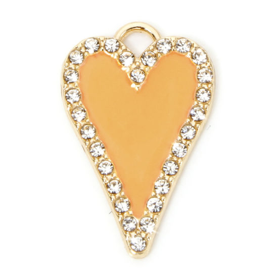 Immagine di 5 Pz Lega di Zinco San Valentino Ciondoli Oro Placcato Arancione Cuore Trasparente Strass Smalto 26.5mm x 17mm