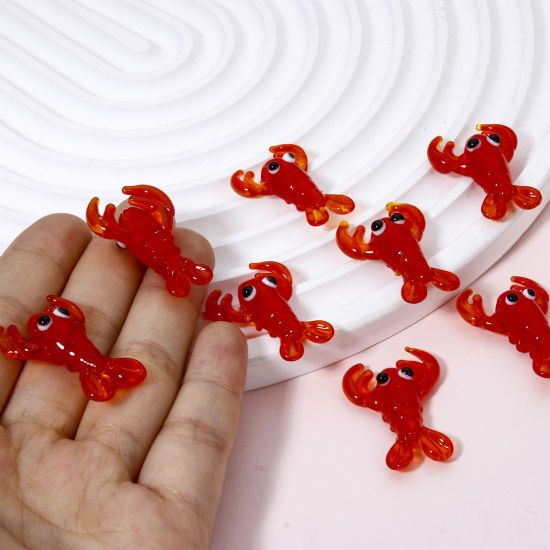 Immagine di 2 Pz Lampwork Vetro Lampwork Gioielli Oceanici Perline per la Creazione di Gioielli con Ciondoli Fai-da-te Aragosta Rosso 3D Circa 3.1cm x 2.1cm, Foro: Circa 1.5mm