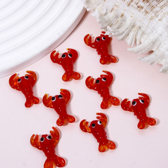 Immagine di 2 Pz Lampwork Vetro Lampwork Gioielli Oceanici Perline per la Creazione di Gioielli con Ciondoli Fai-da-te Aragosta Rosso 3D Circa 3.1cm x 2.1cm, Foro: Circa 1.5mm