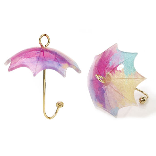 Picture of 5 PCs Zinc Based Alloy & Resin Weather Collection Charms Umbrella Gold Plated Multicolor 3D 24mm x 19mm