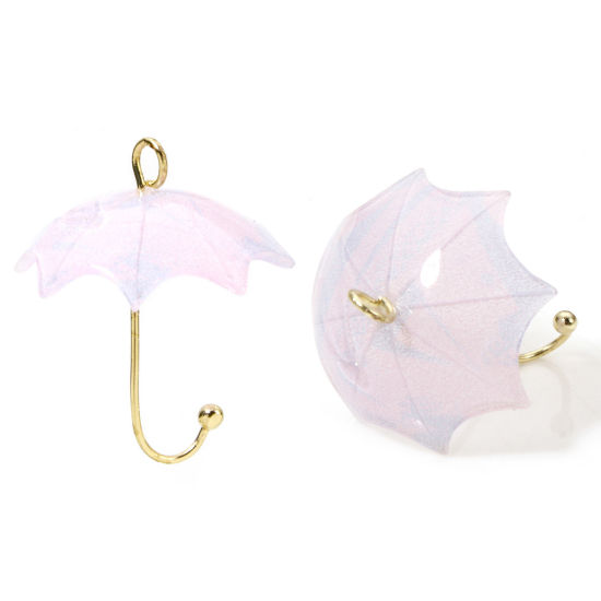 Picture of 5 PCs Zinc Based Alloy & Resin Weather Collection Charms Umbrella Gold Plated Pink 3D 24mm x 19mm