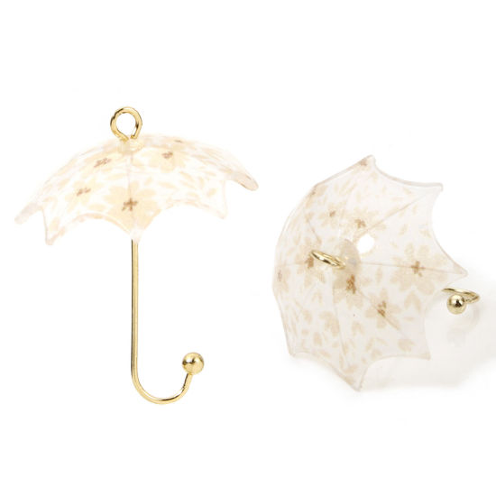 Picture of 5 PCs Zinc Based Alloy & Resin Weather Collection Charms Umbrella Flower Gold Plated Light Beige 3D 24mm x 19mm