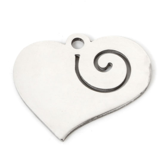 Picture of 5 PCs Eco-friendly 201 Stainless Steel Valentine's Day Charms Silver Tone Heart Spiral Hollow 17mm x 14mm